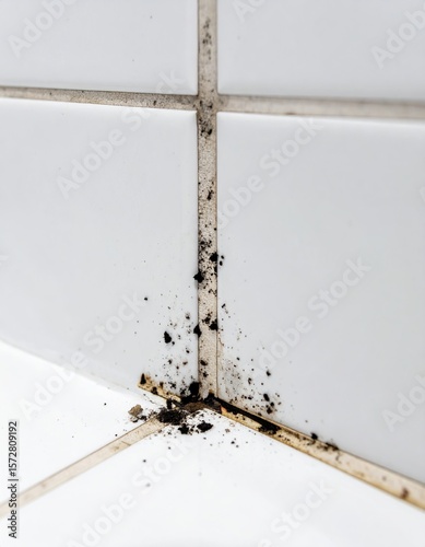 black mold on white tile grout in bathroom 
