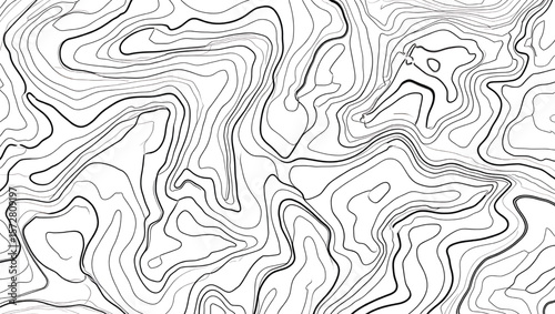 Black and white contour lines forming abstract topographic map pattern background