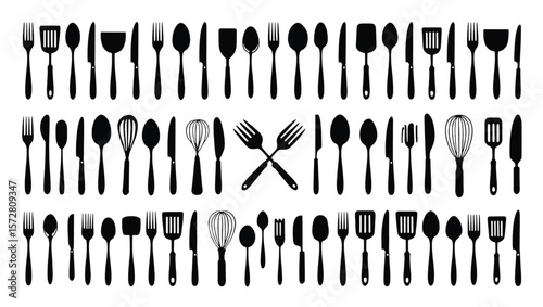 Black kitchen utensils and cutlery collection fork spoon