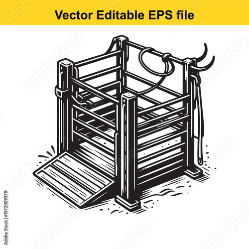 Detailed Black and White Line Art Illustration of a Cattle Chute Farm Equipment Vector Graphic