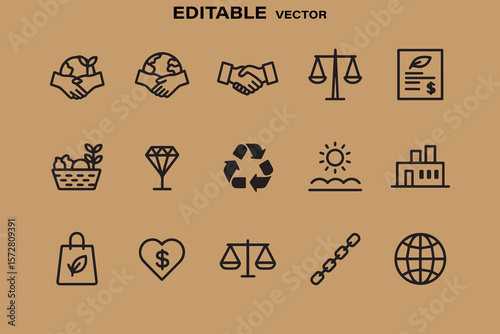 Set of editable vector icons representing environmental sustainability ethical business and global cooperation on a brown background