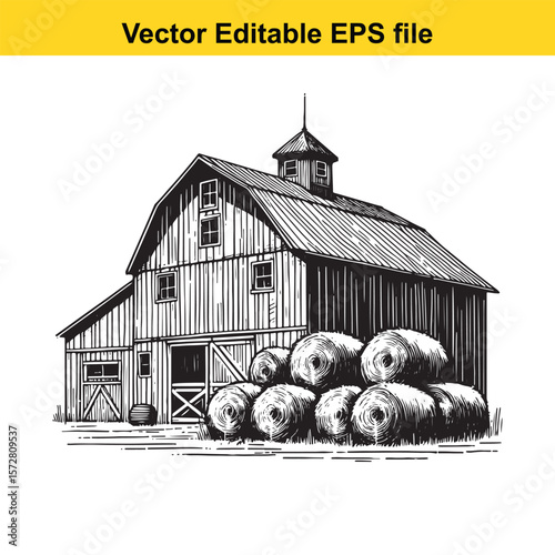 Rustic Farmhouse Barn with Hay Bales a Timeless Scene of Rural Simplicity and Agricultural Heritage