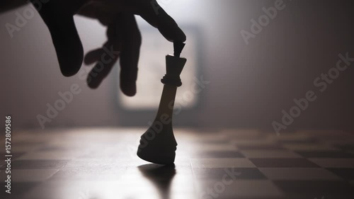 A person gently touches a chess piece with his index finger, rocking it slightly