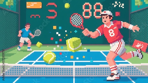 Pixel art of tennis players in action, showcasing retro game sports design.