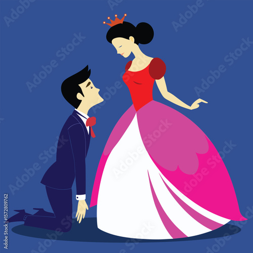 Man kneels before queen in formal attire couple kneeling