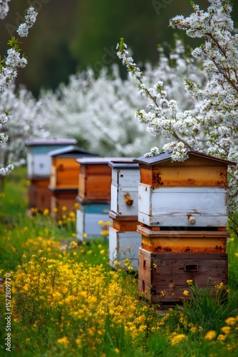 Wooden bee hives nestled among fruit tree blossoms, surrounded by verdant landscape and golden wildflowers during peak spring pollination season