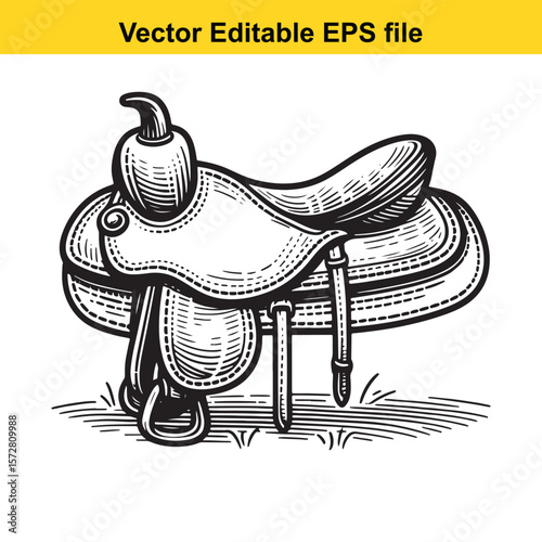Monochrome Sketch of a Western Saddle, Vintage Style Illustration of Equestrian Equipment and Rural Farm Life Elements