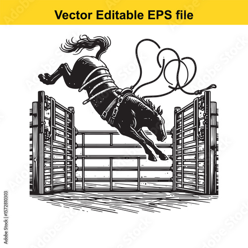 Black and White Rodeo Scene A Bucking Horse Exiting the Chute Ready for Action Cowboy Sports