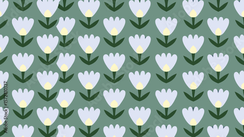 Repeating floral pattern with white flowers and green stems on a green background design style