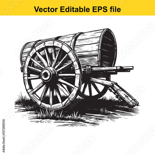 Vintage Woodcut Illustration of Covered Wagon with Water Tank and Old Wheels on Grass, Black and White Drawing
