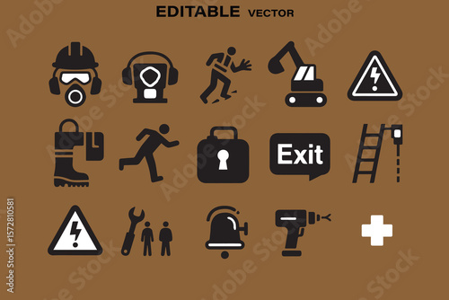 Collection of safety and construction icons including worker with gas mask ear protection excavator and warning signs
