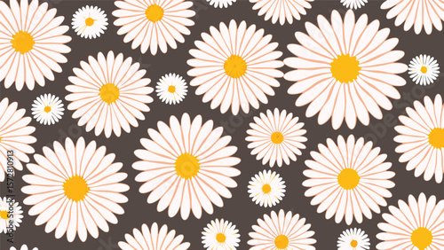 Aesthetic background with a pattern of white daisies and yellow centers on a dark brown backdrop
