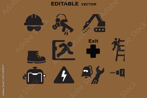 Collection of black safety and construction icons on a brown background editable vector graphics