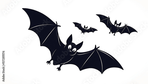 Three cartoon bats flying against a white background dark blue wings