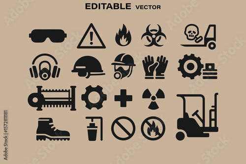 Collection of black safety and hazard icons including protective gear warning signs and industrial equipment on a beige background