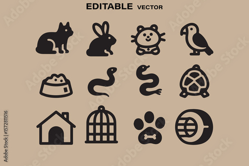 Collection of cute black pet icons including a cat rabbit bear bird snake turtle dog house birdcage paw print and food bowl