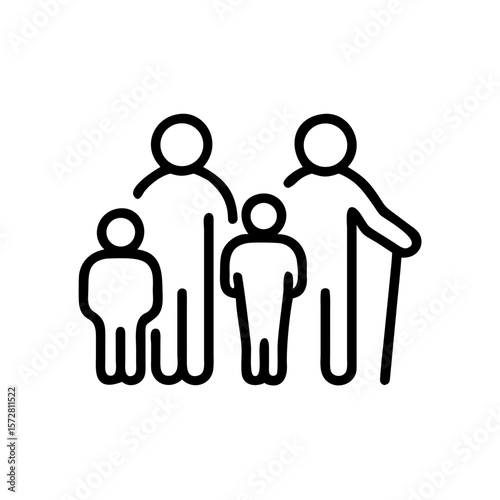 Family multigenerational icon with person holding cane for community representation