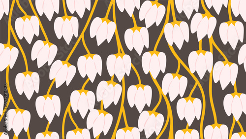 Seamless pattern of white bell shaped flowers with yellow stems on a dark brown background design