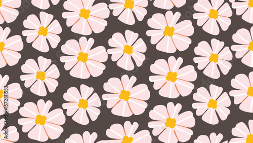 Seamless pattern of stylized daisies with white petals and yellow centers on a dark brown background