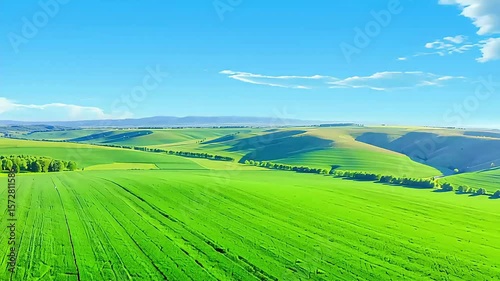 Green summer landscape with a field, blue sky, and clouds