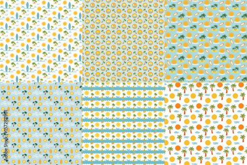 Estampas de verão em estilo flat design sol, pranchas, ondas e coqueiros. Colorido