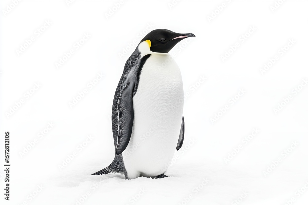 Obraz premium A Solemn Emperor Penguin Standing on Snowy Landscape, Capturing the Majesty and Grace of One of Antarctica's Most Iconic Species in Natural Habitat