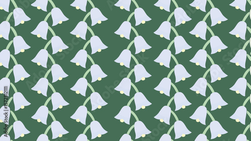 Repeated pattern of light blue lily of the valley flowers on a dark green background design element