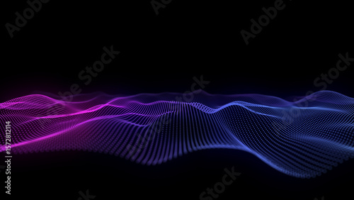 Futuristic background wavy lines from dots in dark cyberspace.  Digital technology concept data analysis.  Abstract wave with purple particles DOF. Big data.
