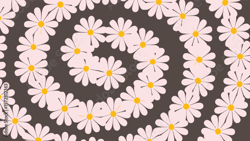 Daisy flower spiral pattern with white petals and yellow centers on a dark background design element