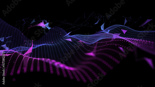 Abstract technology background with wavy color grid in dark cyberspace. Big Data. Analytics data algorithms. Computing concept. Banner for business, science and technology.