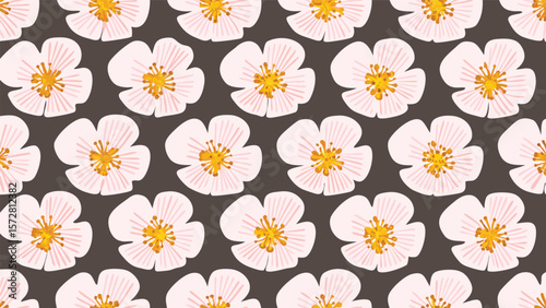 Floral pattern featuring white blossoms with yellow centers on a dark brown background repeat design