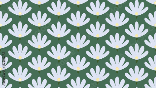 Repeating pattern of stylized white flowers with yellow centers on a dark green background design