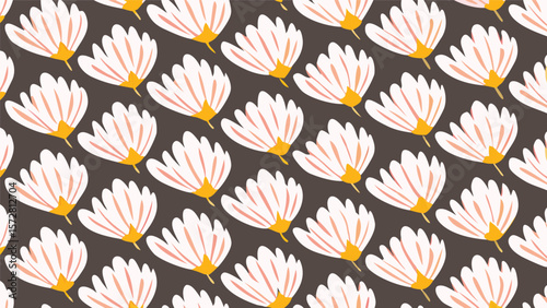 Seamless pattern of stylized white flowers with yellow centers on a dark brown background design element
