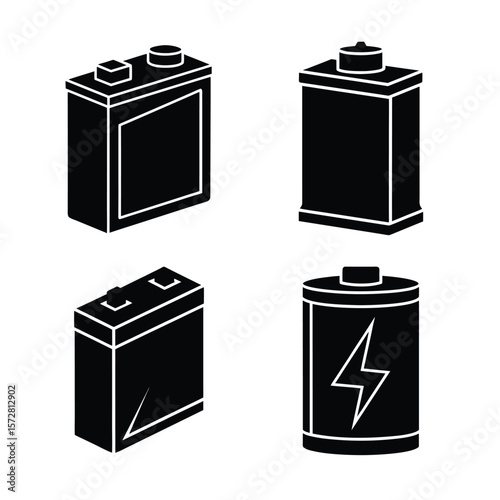 Battery Silhouette Vector Set Black Icon Collection Isolated on White Background