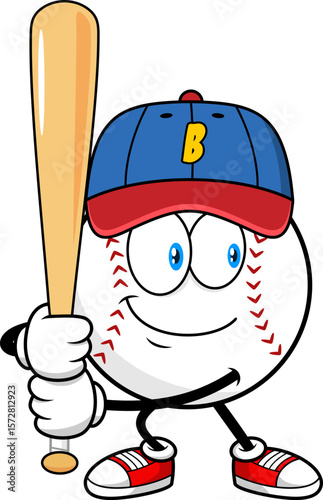 Baseball Cartoon Mascot Character With Cap Holding Bat And Preparing To Hit