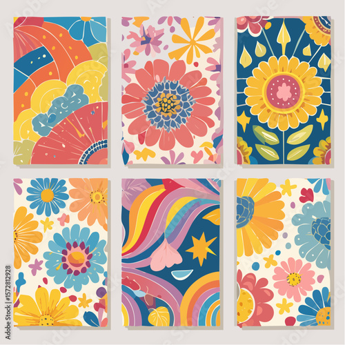 Collection of Vibrant Retro Posters Featuring 60s and 70s Hippie Art Style, Psychedelic Floral Designs and Lightning Graphics for Prints and Greeting Cards, Nostalgic Appeal.