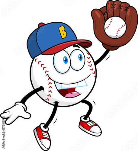 Baseball Cartoon Mascot Character Jumping And Catching Ball With Glove