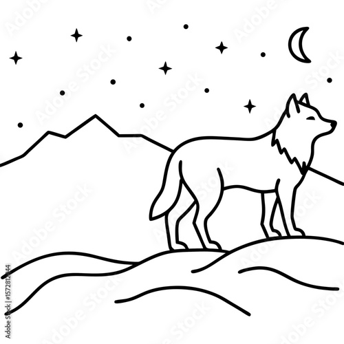 “A lone wolf standing on a snowy ridge under the northern lights, wilderness atmosphere, deep and cold color palette.”