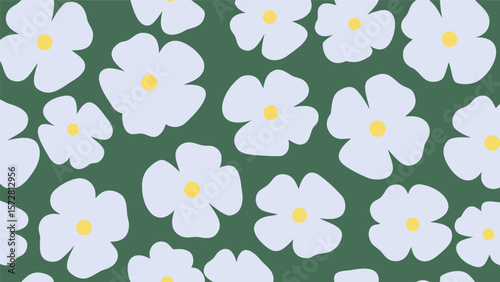 Floral pattern of white flowers with yellow centers on a dark green background repeat design art