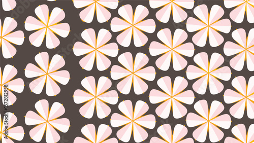 Repetitive pattern of six petal flowers with yellow centers on a dark brown background design art