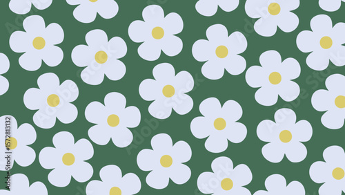 Seamless pattern of white flowers with yellow centers on a dark green background creates a floral design