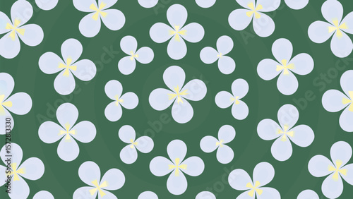 Floral pattern with white four petal flowers and yellow centers on a green background design element