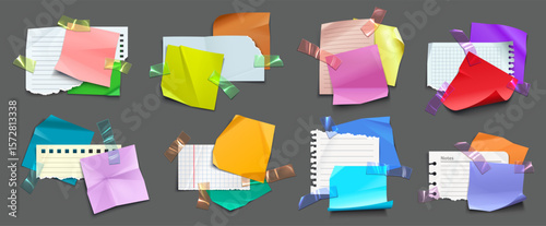 Paper notes, stickers. Memo messages, notepads and torn paper set vector