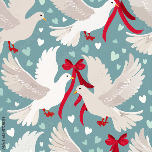 Seamless vector pattern with white pigeons holding cute coquette bow. Hand drawn background with birds and ribbons for wedding, valentine day design. Vintage line art wallpaper, wrapping ...
