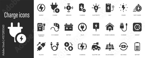 Charging icon charge, battery, energy, electricity, charger set