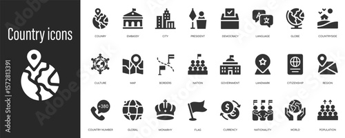 Country icon set. Containing flag, nation, citizen and world icon