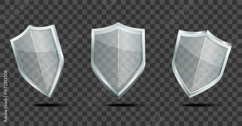 Transparent glass shields set icon. Realistic vector illustration