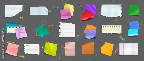 Paper notes, stickers. Memo messages, notepads and torn paper set vector