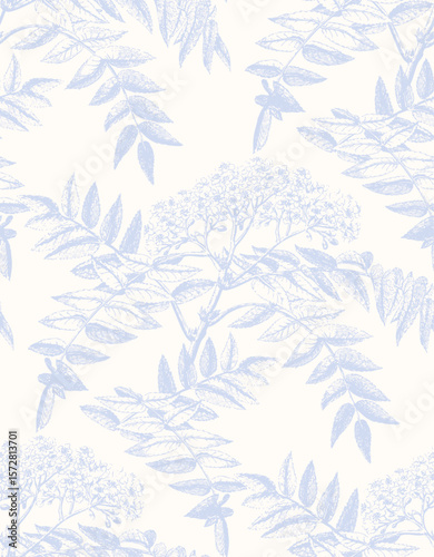 Botanical hand drawn shapes of branches seamless vector pattern in pale blue