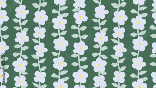 Floral pattern with white flowers and green stems on a dark green background in a seamless design